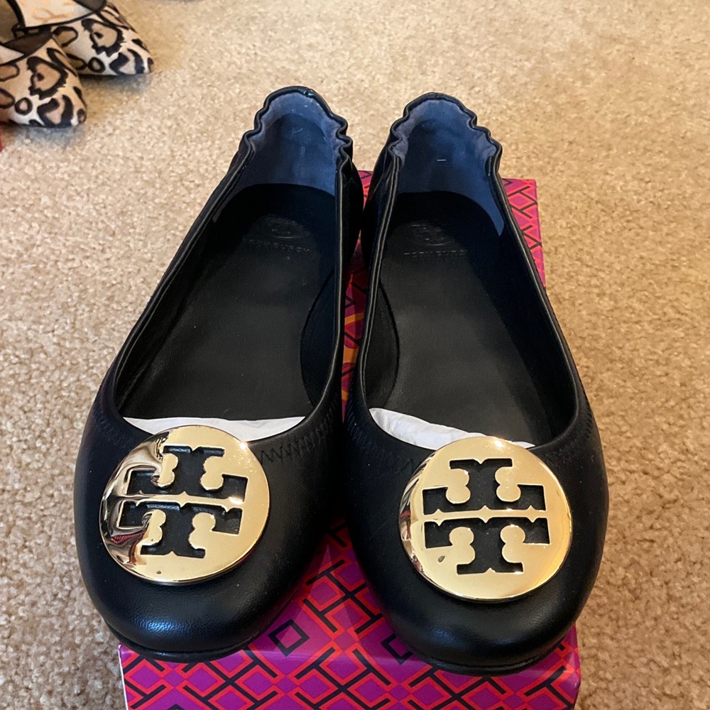 Tory Burch Black Flats with Gold Emblem